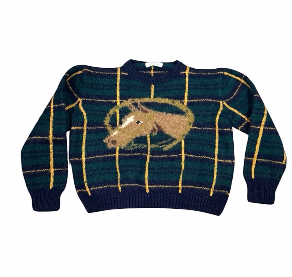Vintage Roberta Frost Hand Knit Wool Sweater Plaid Cottagecore Preppy Horse